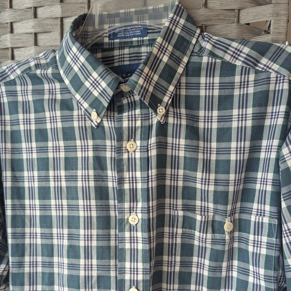 Towncraft Button Down Shirt Green Blue Plaid Wrinkle Free Sz M Dadcore Preppy